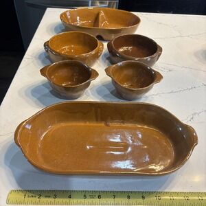 6- Piece Lot Vintage Bybee "BB" Pottery Caramel Bowls, Casserole, Double Tray KY